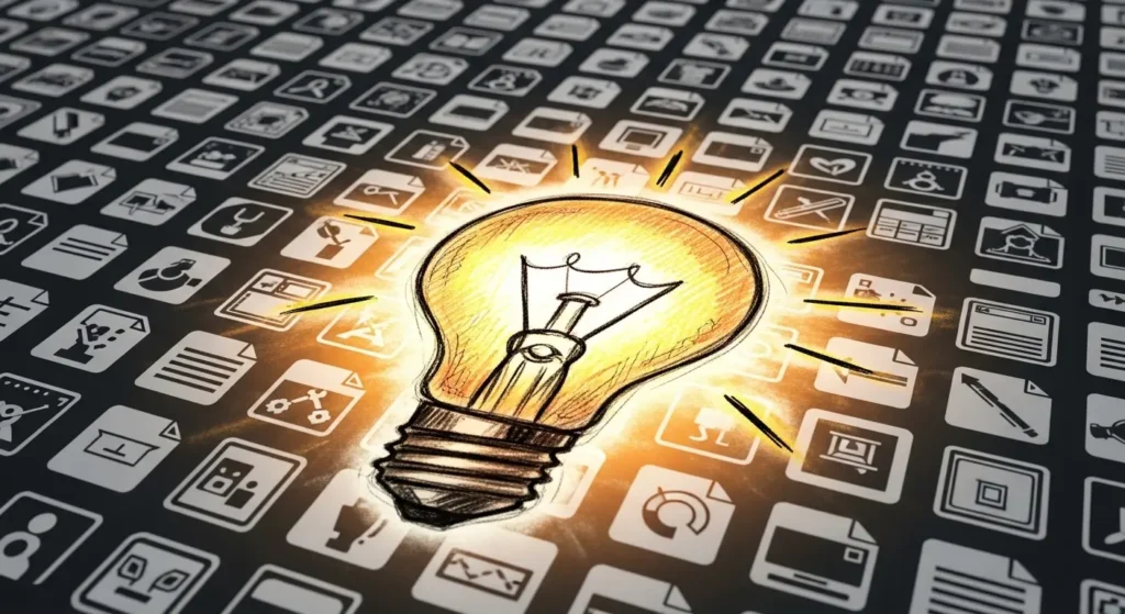 情報の海の中で光り輝く独自のアイデアを象徴する電球のイラスト