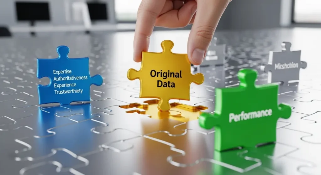 2026年のSEO戦略を完成させる一次情報と技術的最適化のイメージ