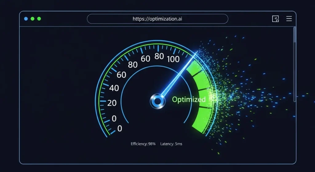 ウェブサイトのパフォーマンス向上と検索順位の関係を象徴するスピードメーター
