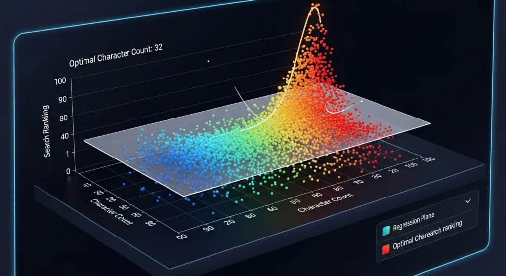 タイトルの文字数と検索順位の相関関係を示す3Dグラフ