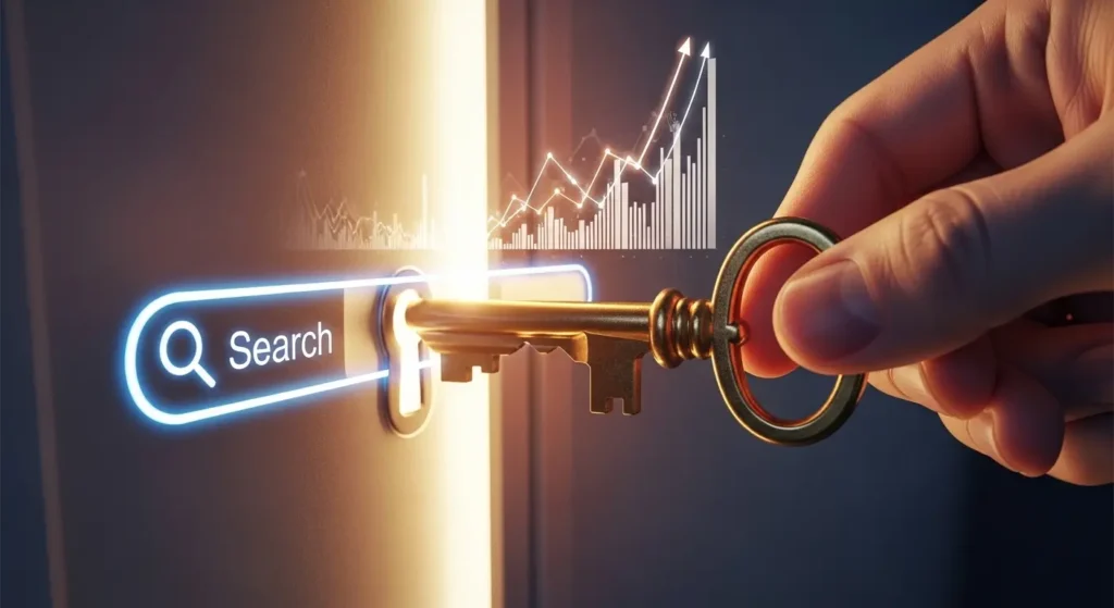 SEO成功の鍵となるタイトル設計を象徴するイメージ