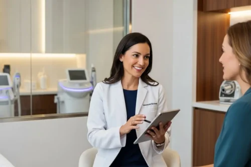 美容皮膚科でカウンセリングを行う医師と患者