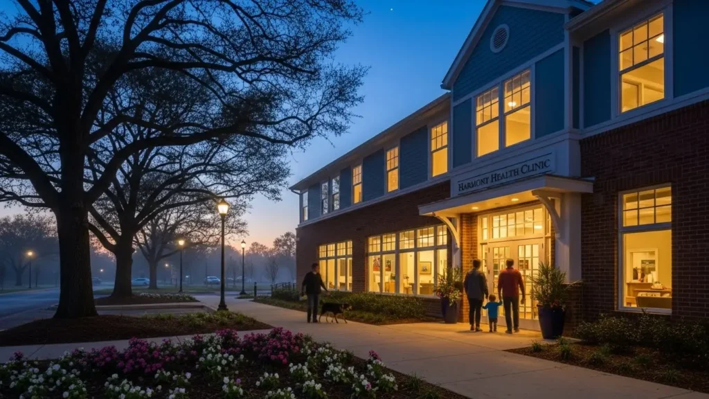 夜の温かい雰囲気の美容皮膚科外観