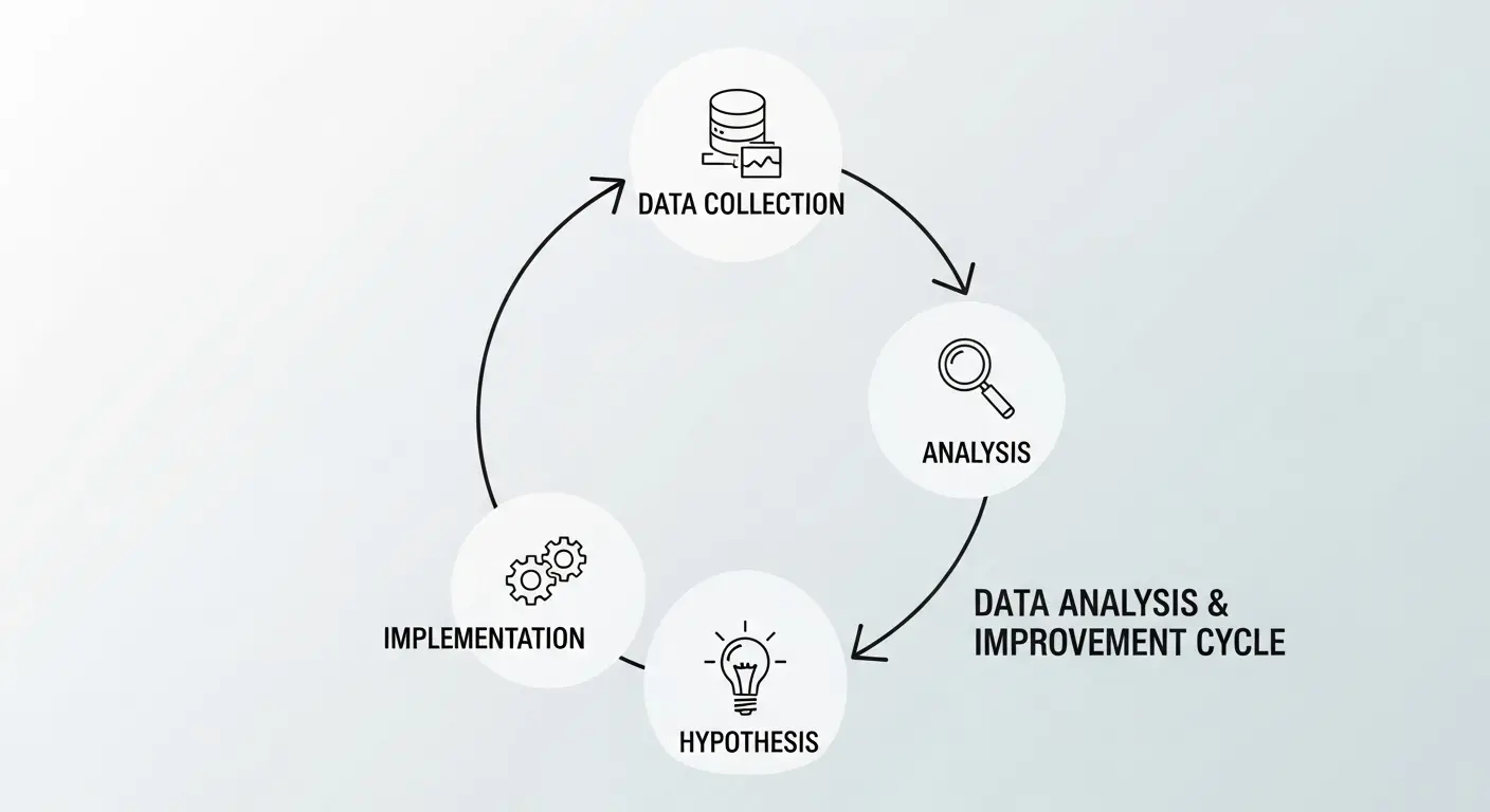 データ収集から分析、改善案の実行までを示すウェブサイト改善サイクルの図。