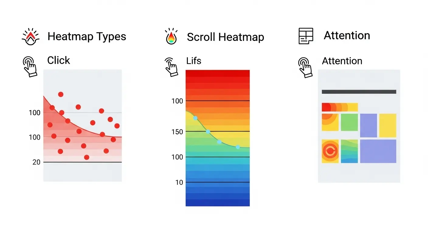 クリック、スクロール、アテンションヒートマップの3種類を図で説明するインフォグラフィック。