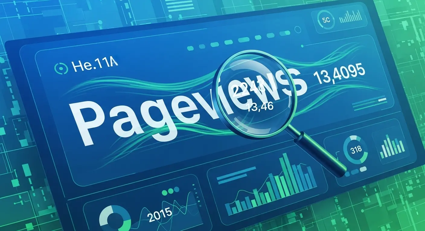 ページビューの数が表示されたデジタルダッシュボードと、数字に焦点を当てた虫眼鏡のイラスト。