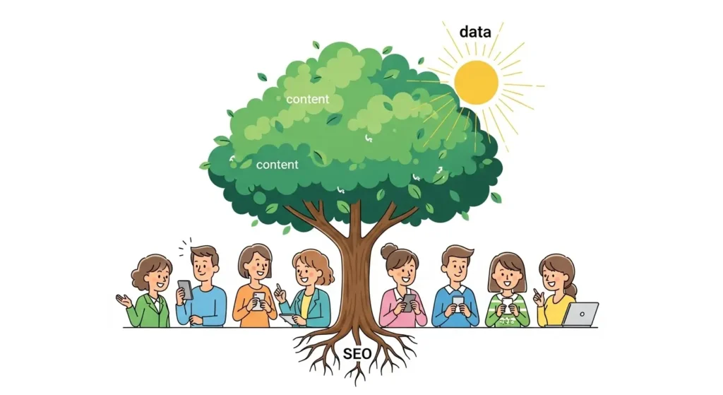 データという太陽を浴びて、コンテンツとSEOという根を持つ木が成長し、ユーザーが喜んでいる様子。