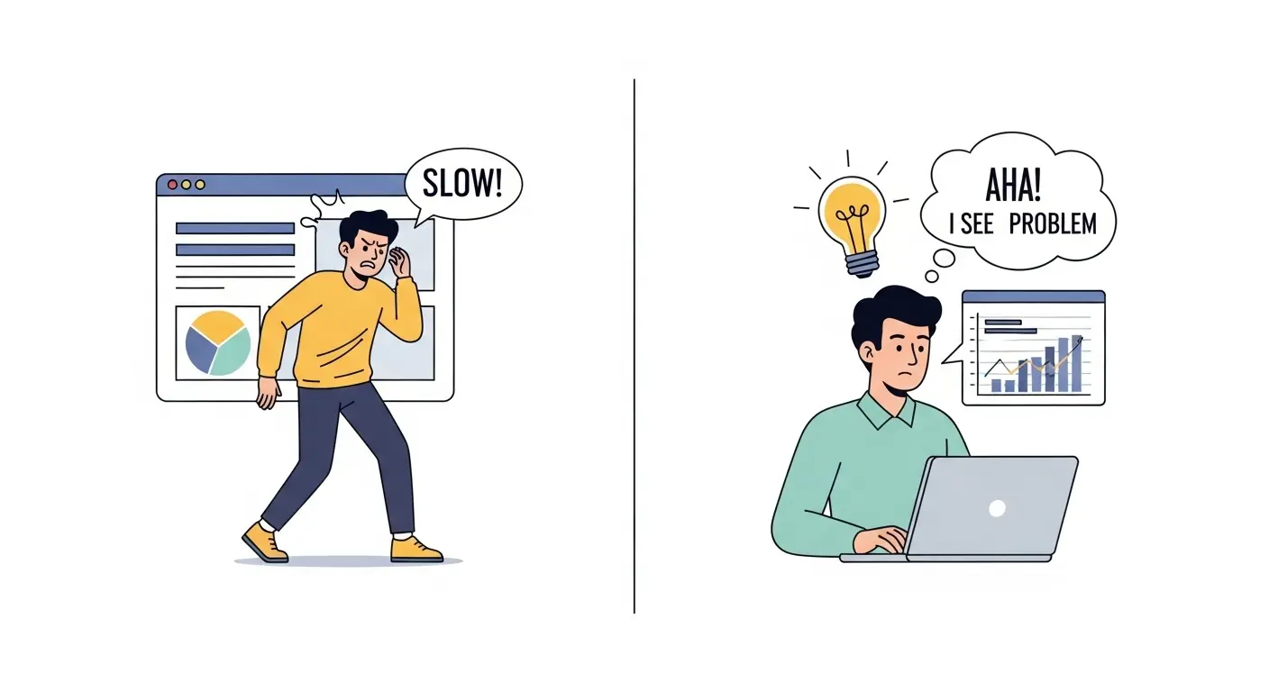 左側にはウェブサイトから離れる不満そうなユーザー、右側にはデータ分析から気づきを得たマーケター。