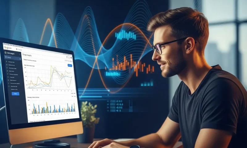 パソコンの画面にGoogleアナリティクスのダッシュボードが表示されており、グラフを見つめるウェブアナリストの男性。