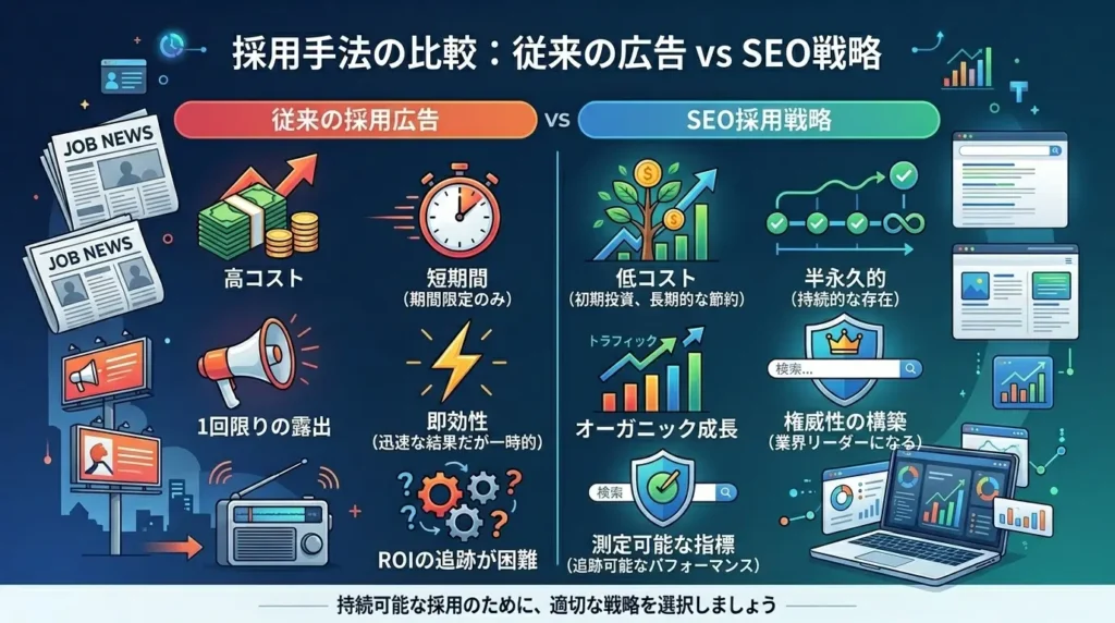 求人広告とSEO対策のコスト・効果持続性の比較表