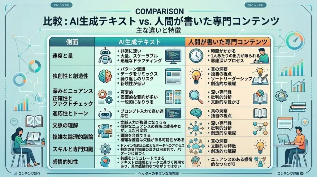 AI生成文章と人間による専門コンテンツの比較表