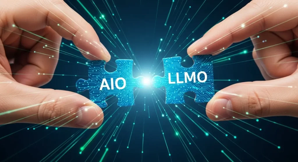 AIO対策とLLMO対策の相乗効果をパズルで表現した図