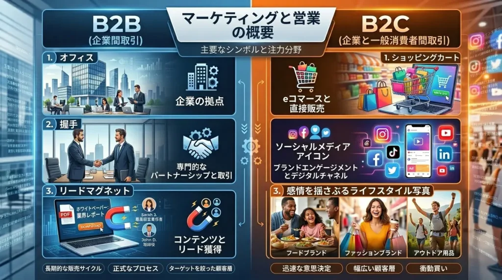 B2BとB2Cのコンテンツマーケティング戦略の違いを示す比較図