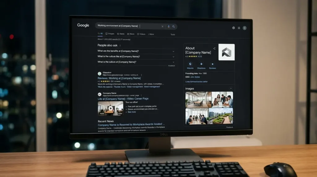 会社名での検索時に充実した採用情報が表示される様子