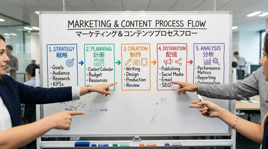 コンテンツマーケティングの5つの手順を示すフローチャート