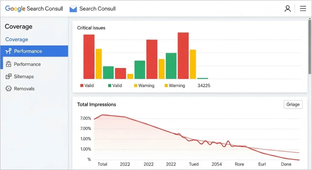 Search Consoleでカバレッジエラーと表示回数の低下を分析する画面