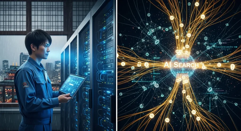 大阪でのITシステム運用代行とAIO対策の融合イメージ