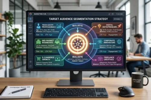 マーケティングのターゲットセグメンテーションと戦略立案のイメージ図