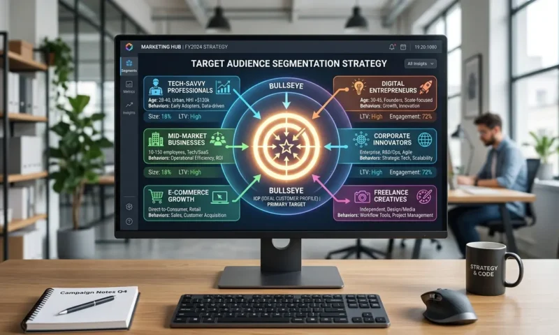 マーケティングのターゲットセグメンテーションと戦略立案のイメージ図