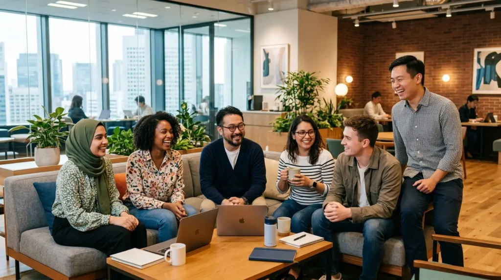 自然な笑顔で働く社員たちの風景