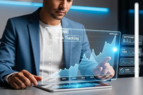 検索順位が上がらない原因を分析するデジタルマーケターのイメージ