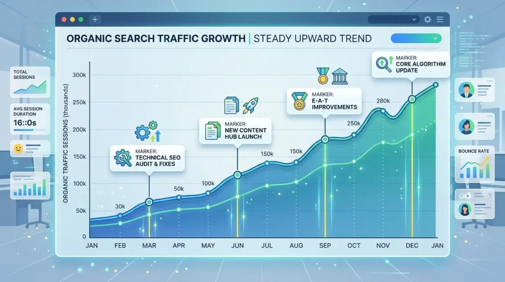 戦略的なSEO対策による検索トラフィックの着実な上昇グラフ