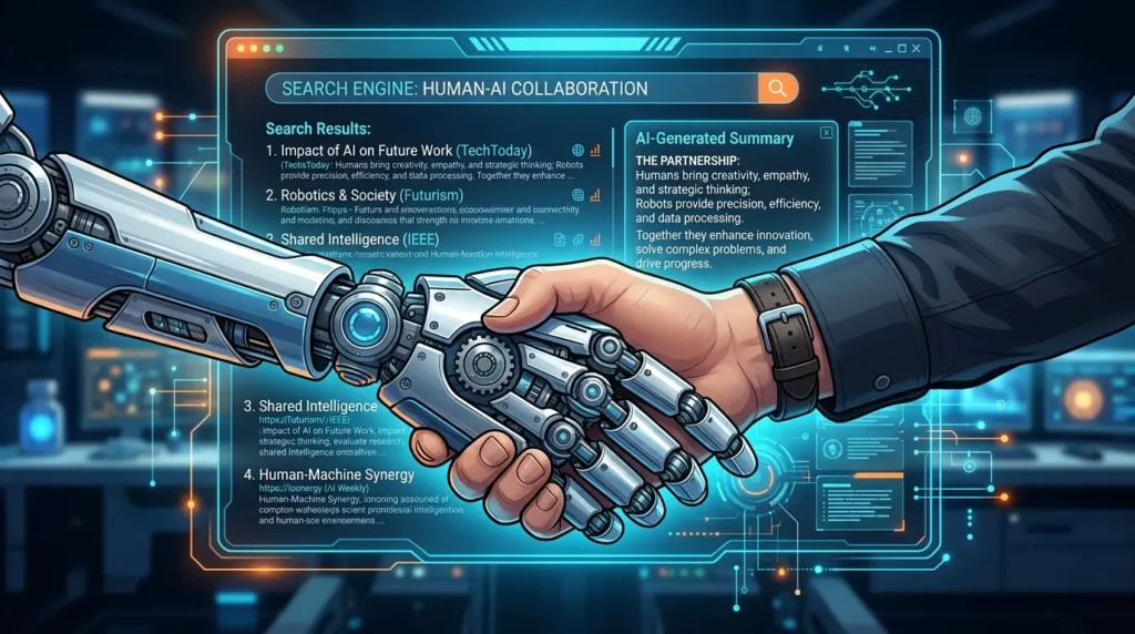 SEOとAI検索最適化（AIO）の融合をイメージしたイラスト