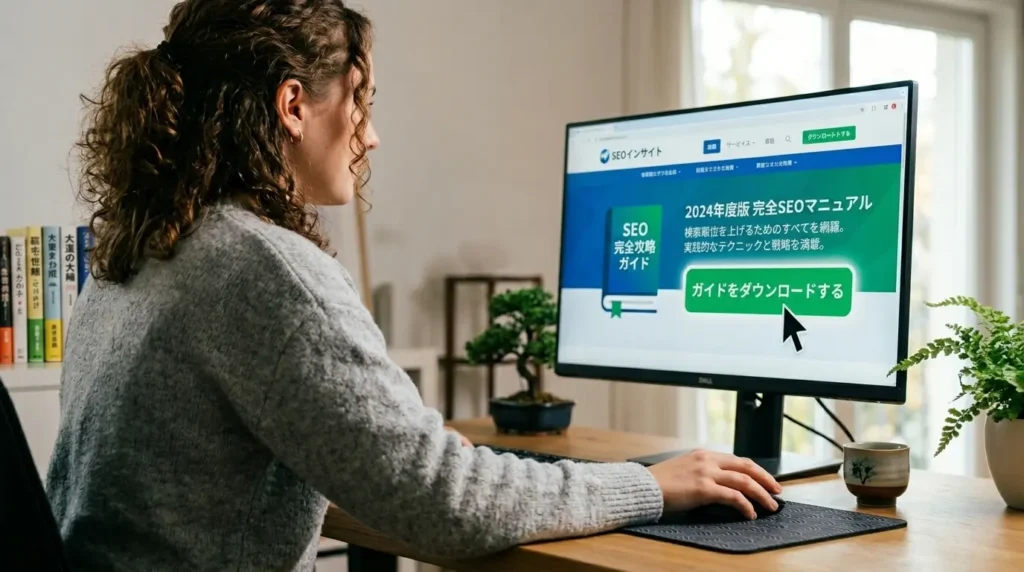 SEOガイドをダウンロードするためのボタンと資料イメージ