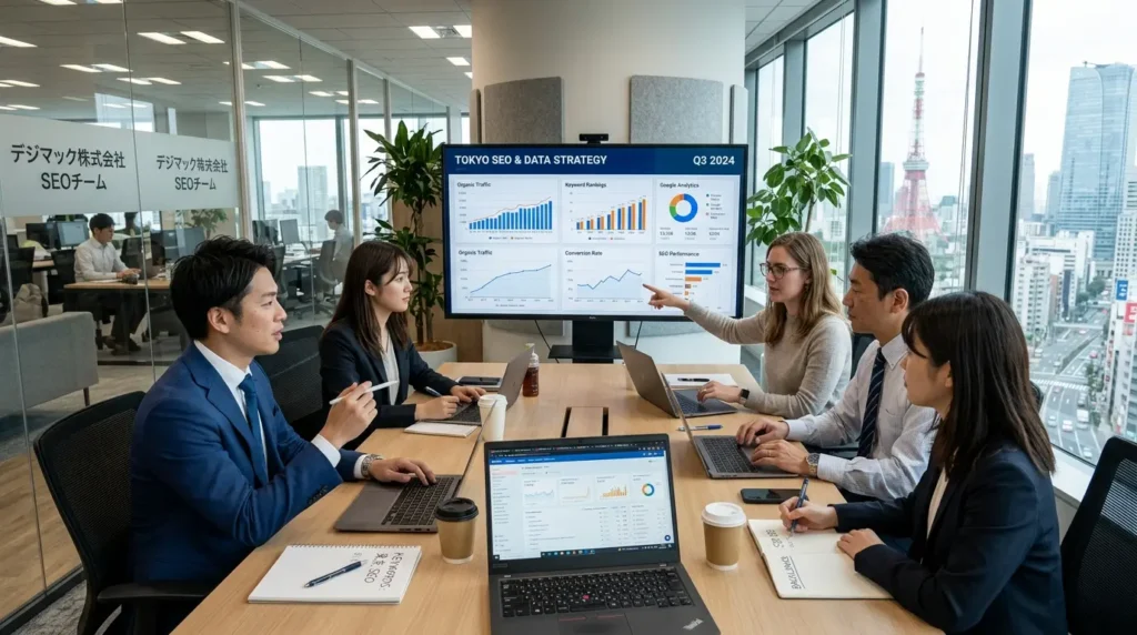 東京のオフィスでSEO戦略を議論する専門家たちの風景