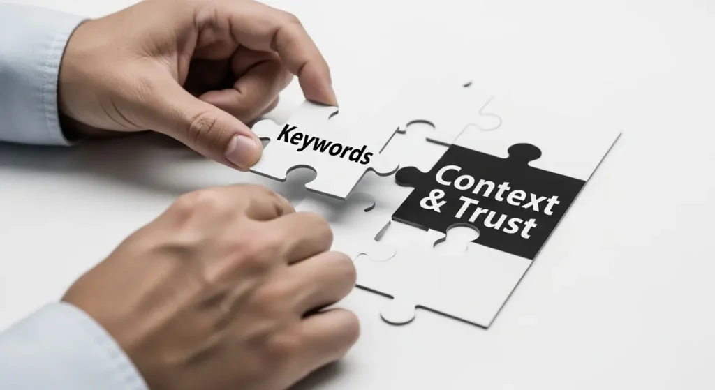 キーワードと文脈・信頼の重要性の違いをパズルで表現した図