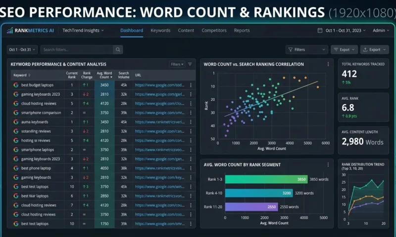 SEOにおける文字数と検索順位の相関を分析するデータ画面