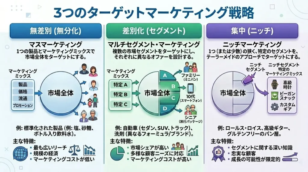 無差別型、差別型、集中型の3つのターゲティング戦略の比較図