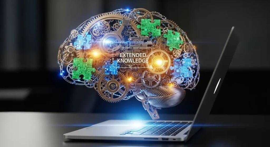 WordPressの拡張性を象徴するデジタルギアとパズルのイメージ