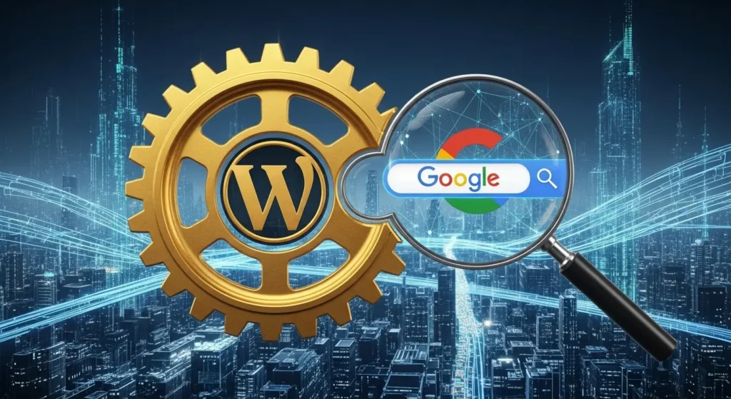 WordPressと検索エンジンの親和性を象徴する歯車のイメージ