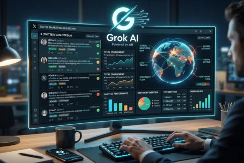 Grok AIのマーケティング活用とリアルタイムデータ分析のイメージ図