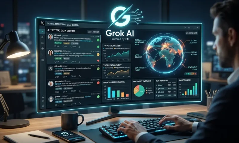Grok AIのマーケティング活用とリアルタイムデータ分析のイメージ図