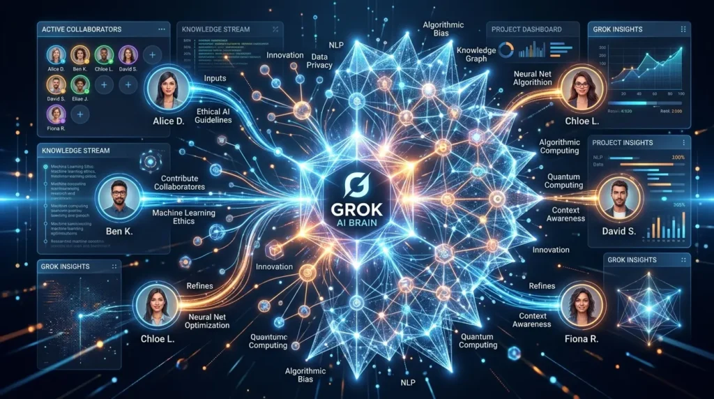Grok AIを中心としたチームでのナレッジ共有とコラボレーションのイメージ